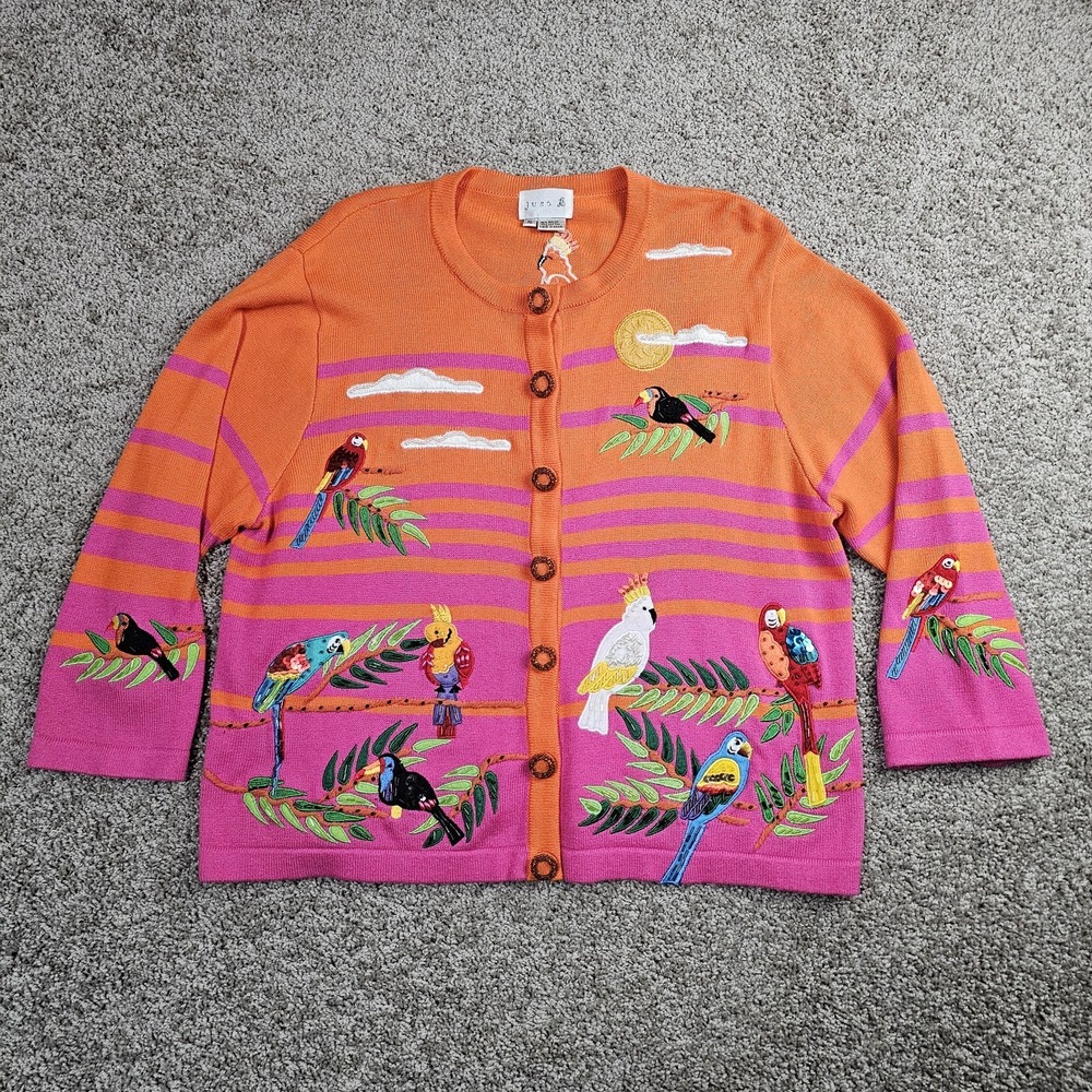 Just B Cardigan Sweater Sz XL Beaded Parrots Orange Pink Striped Granny Funky